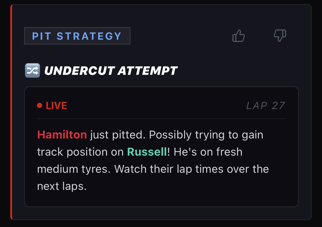 Undercut attempt: Hamilton just pitted, possibly trying to gain track position on Russell. He's on fresh medium tyres.