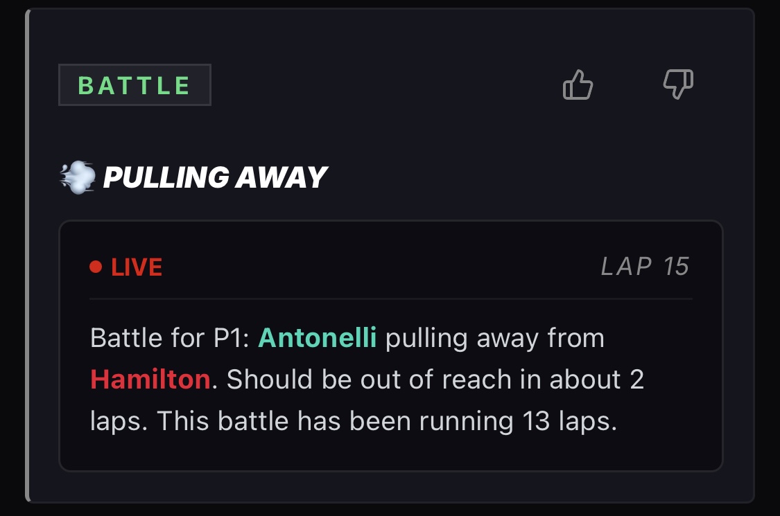 Battle for P1: Antonelli pulling away from Hamilton, out of reach in 2 laps.
