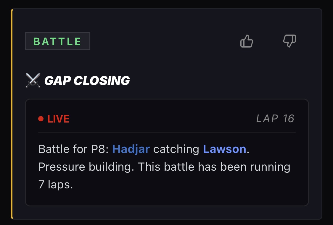 Battle for P8: Hadjar catching Lawson, pressure building.