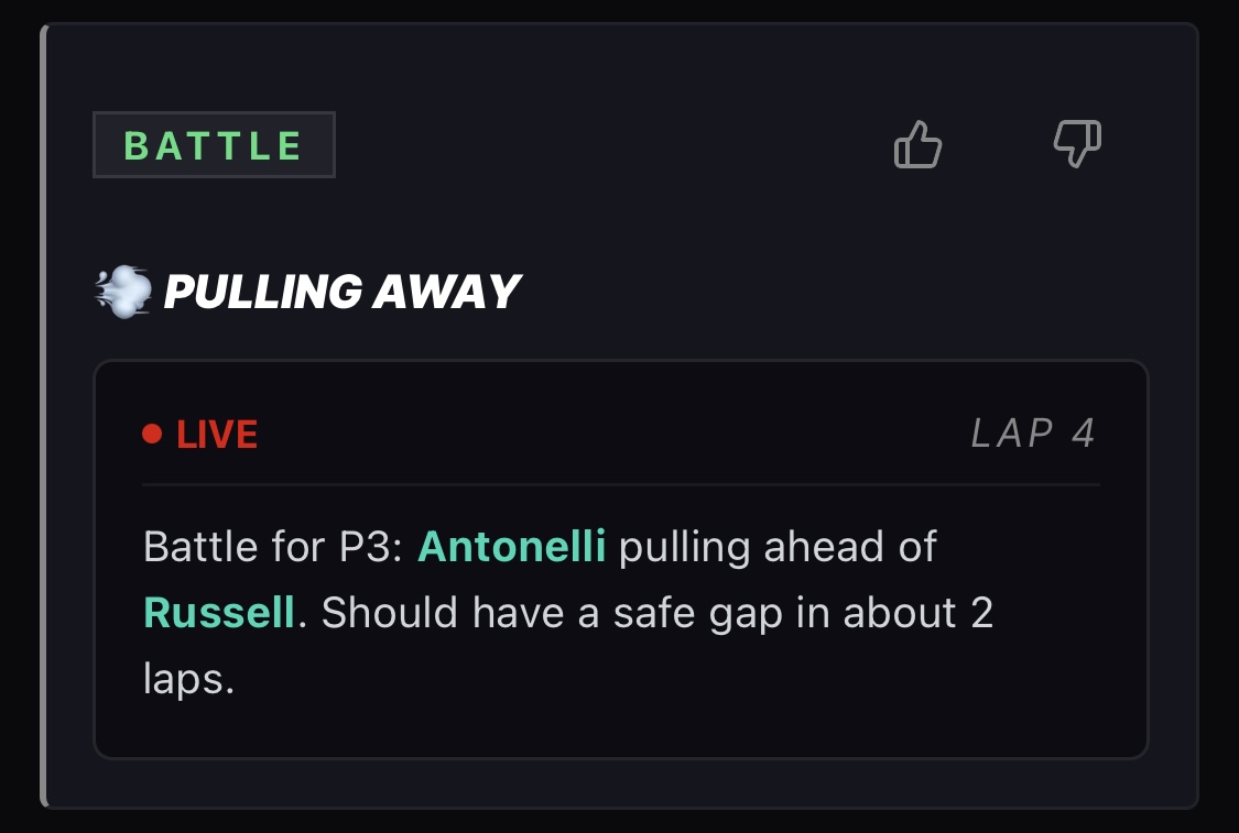 Battle for P3: Antonelli pulling ahead of Russell, should have a safe gap in about 2 laps.