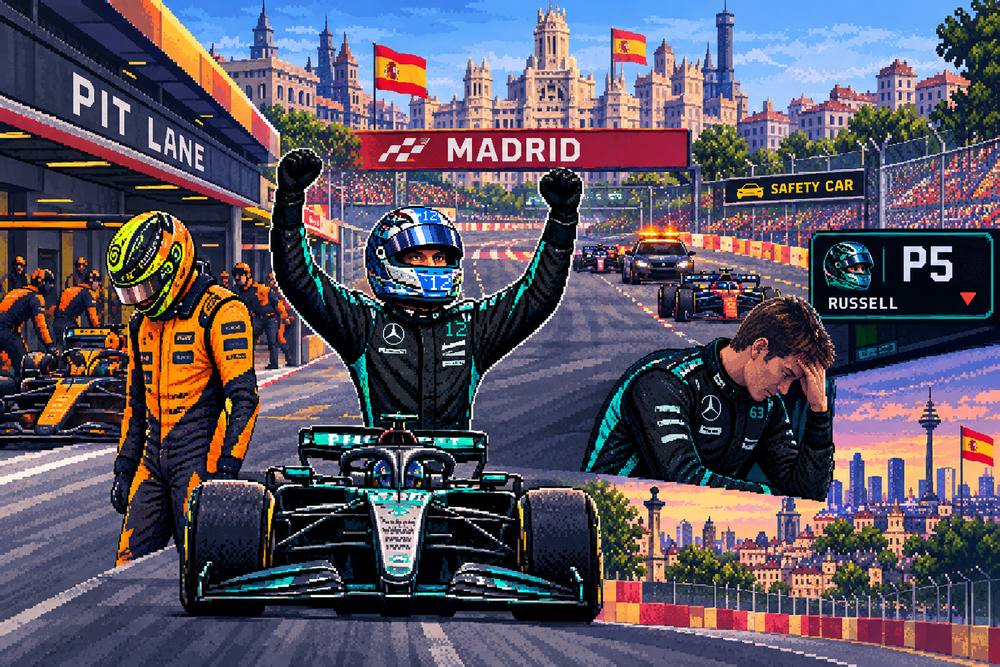 Pixel art of the first Madrid Grand Prix: Antonelli celebrating the win in the Mercedes, a McLaren driver watching from the pit lane, and Russell dropping to P5.