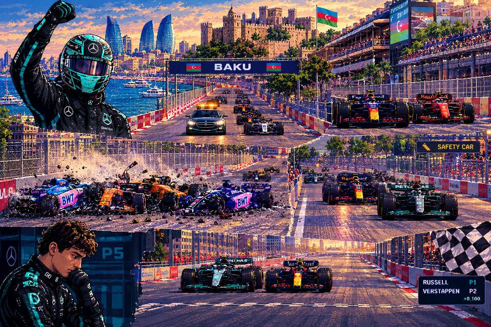 Pixel art of the Baku Grand Prix: Russell celebrating, the safety car leading the pack, the 2 Alpines and a McLaren wrecked at the restart, Antonelli in the P5 box, and Russell crossing the line 0.100 seconds ahead of Verstappen.
