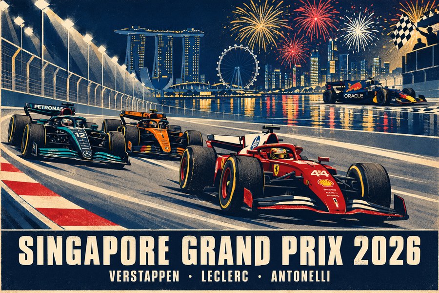 Race poster of the Singapore Grand Prix 2026 at night: Hamilton's Ferrari on worn tyres in front of Norris's McLaren and Antonelli's Mercedes under the floodlights, with Verstappen's Red Bull crossing the line beneath fireworks over Marina Bay.