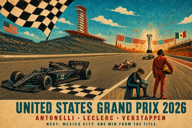 Race poster of the United States Grand Prix 2026 at the Circuit of the Americas: Antonelli's black Mercedes #12 crossing the chequered line in the foreground, Leclerc's Ferrari and Verstappen's Red Bull further up the track toward a championship trophy under Mexican banners, Russell sitting by the track with his head down and Hamilton standing beside him in Ferrari red.