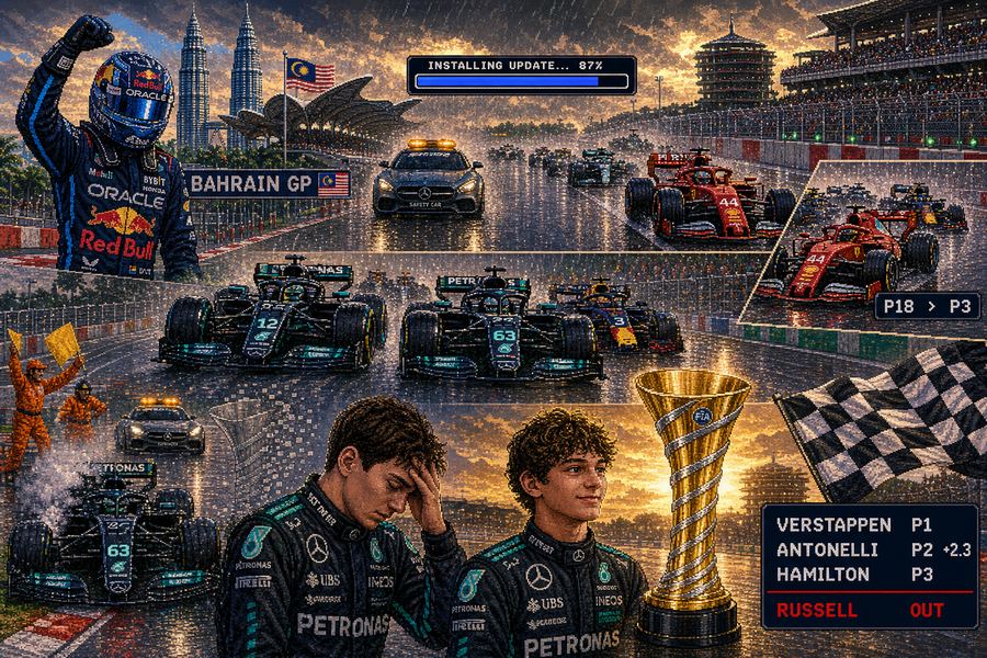 Pixel art of the Bahrain Grand Prix in Malaysia: Verstappen celebrating the win, a software update installing in the rain, the 2 Mercedes leading, Hamilton's Ferrari climbing from P18 to P3, and Russell with his head in his hands beside his smoking car while Antonelli smiles next to the championship trophy.